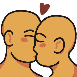 two figures pictured from the necks up, kissing on the lips. Their eyes are closed, and they have relaxed expressions. There is a small red heart above them